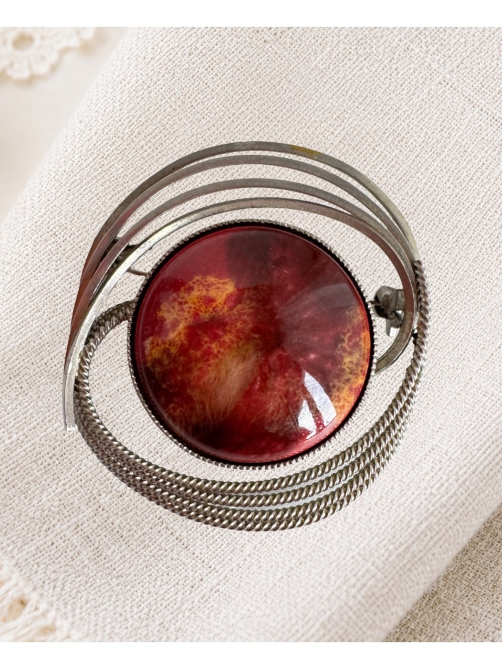 Vintage Red Orange Cabochon Brooch Silver Tone Modernist Atomic Statement Pin
